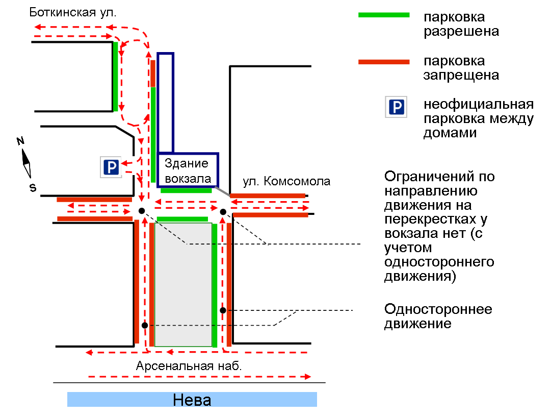 Санкт-Петербург, Финляндский вокзал: Схема движения и места разрешенной парковки рядом с Финляндским вокзалом